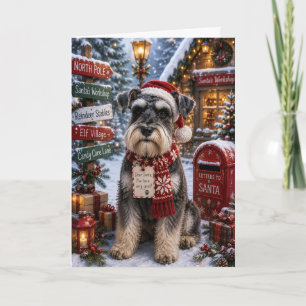 Tarjeta Pueblo navideño del Polo Norte con perro Schnauzer