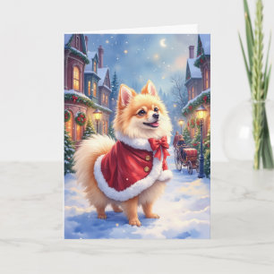 Tarjeta Pueblo navideño victoriano con perro Pomerania en 
