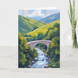 Tarjeta Puente del río de montaña Paisaje Acuarela Verde