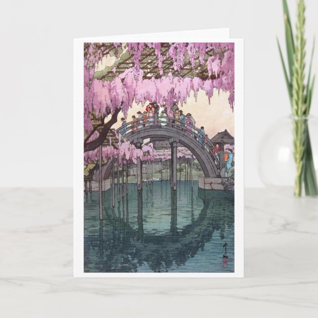 Tarjeta Puente Kameido, Hiroshi Yoshida, Woodcut (Anverso)