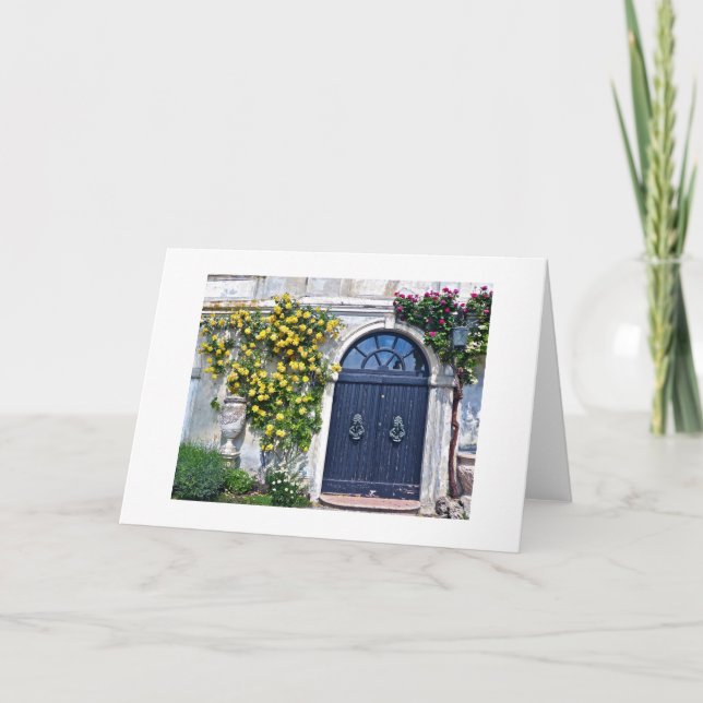 TARJETA PUERTA DE MADERA RÚSTICA CON ROSAS AMARILLAS Y ROJ (Anverso)