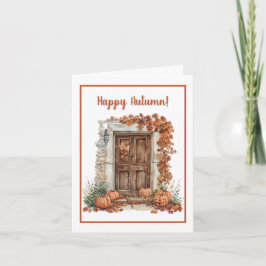 Tarjeta Puerta de otoño acuarela con calabazas