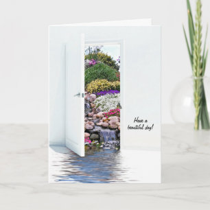 Tarjeta puerta del jardín y cascadas