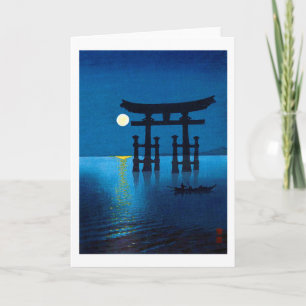 Tarjeta Puerta Torii y Luna Llena, Koho Shoda, Woodcut