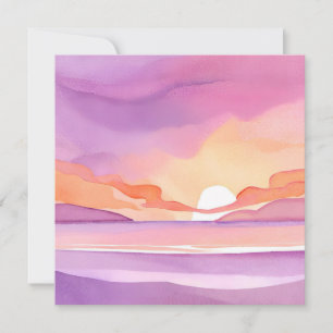 Tarjeta Puesta de sol con acuarela rosa   Cielo oceánico h