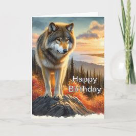 Tarjeta Puesta de sol con lobo Feliz cumpleaños 
