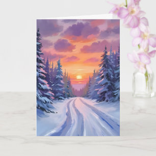 Tarjeta Puesta de sol de nieve   paisaje montañoso de invi