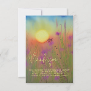 Tarjeta Puesta de sol en acuarela y flores silvestres rosa