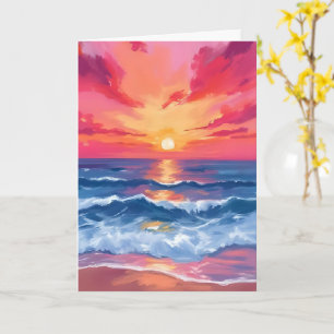 Tarjeta Puesta de sol en la costa fucsia Acuarela de ola