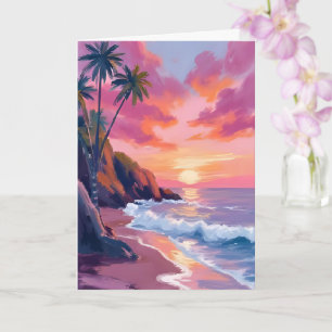 Tarjeta Puesta de sol tropical rosa océano acuarela