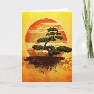 Tarjeta Puesta del sol japonesa del árbol de los bonsais