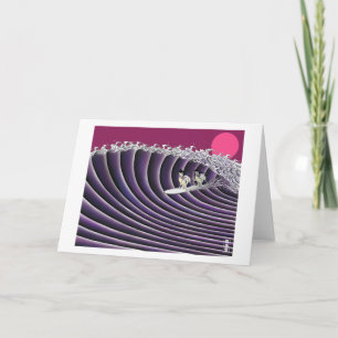 Tarjeta puesta del sol japonesa que practica surf