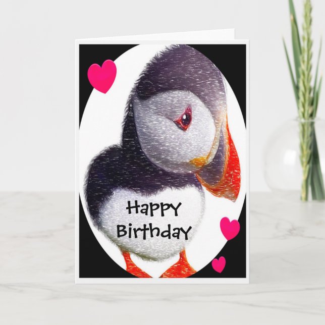 Tarjeta Puffin Hearts Happy Birthday Card (Anverso)