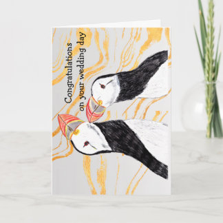 Tarjeta Puffins cariñosos Felicidades en tu día de boda
