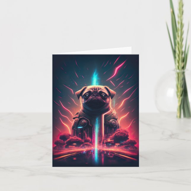 Tarjeta Pug Adorable con Disfraz de Robot Futurista (Anverso)
