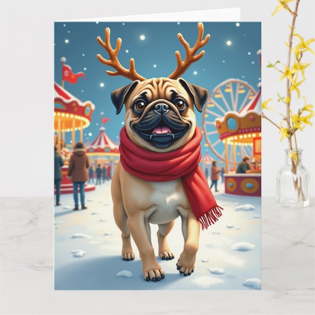 Tarjeta Pug at the Winter Fairgrounds Christmas Painting (flor amarilla)