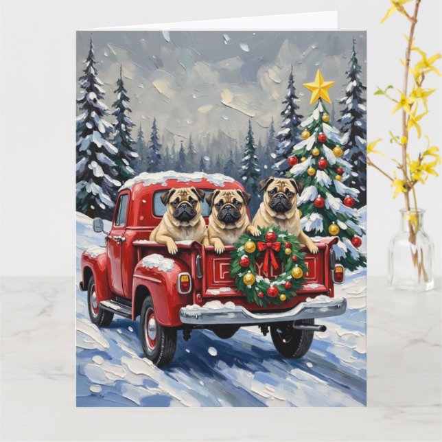 Tarjeta Pug Christmas Red Truck Holiday (flor amarilla)