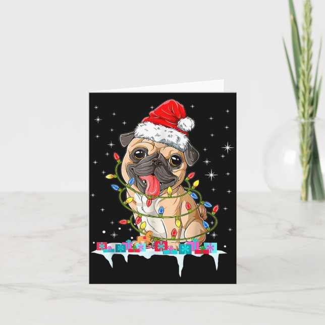 Tarjeta Pug Christmas Tree Lights Santa Dog Xmas  (Anverso)
