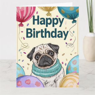 Tarjeta Pug con globos