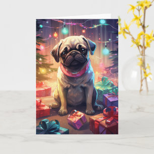 Tarjeta Pug con pijama de Navidad junto al árbol