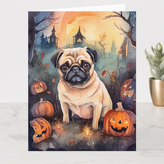 Tarjeta Pug de Halloween con calabazas terrorífico (Planta pequeña)