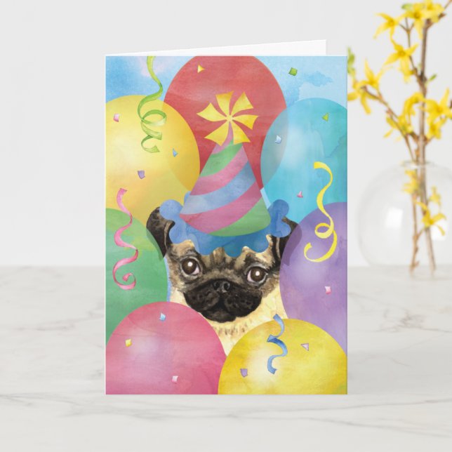 Tarjeta Pug de los Globos de Cumpleaños (flor amarilla)