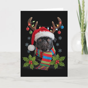 Tarjeta Pug de Navidad con cuernos sombrero de Santa bufan