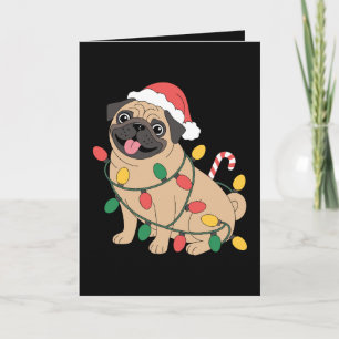 Tarjeta Pug de Navidad Perro Gorro de Santa Luces Caña de