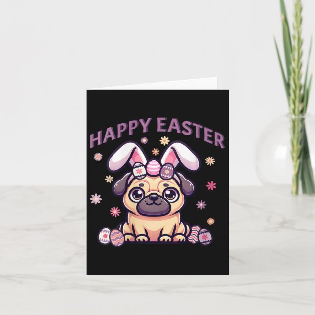 Tarjeta Pug de Pascua con orejas de conejito feliz día de  (Anverso)