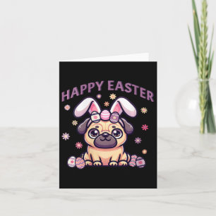Tarjeta Pug de Pascua con orejas de conejito feliz día de