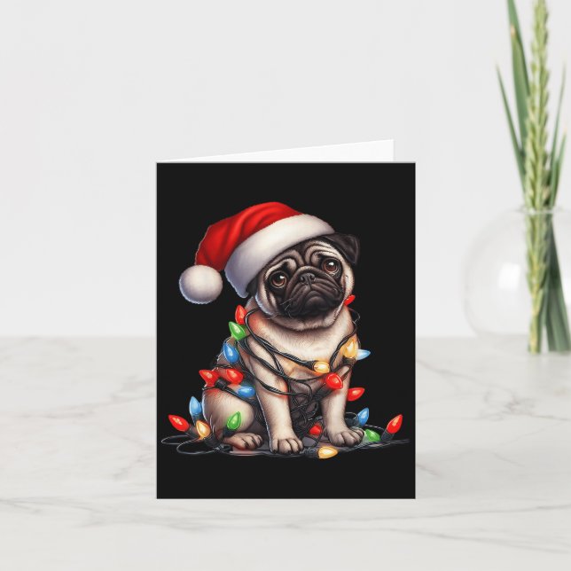 Tarjeta Pug Dog Christmas Lights Santa Hat Dog Lover  (Anverso)
