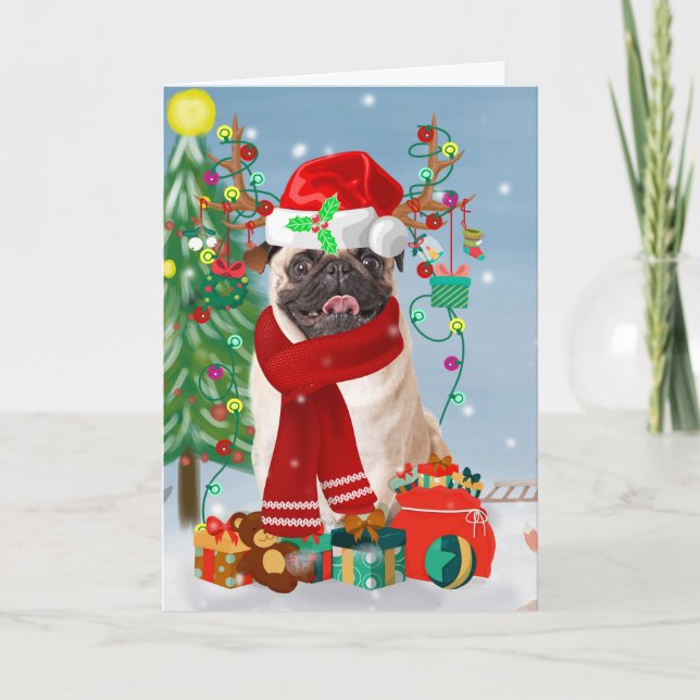 Tarjeta Pug Dog en nieve con regalos de Navidades (Anverso)