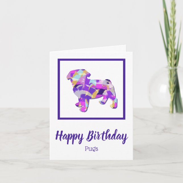 Tarjeta Pug Dog Silhouette Cute Purple PY&B Cumpleaños (Anverso)