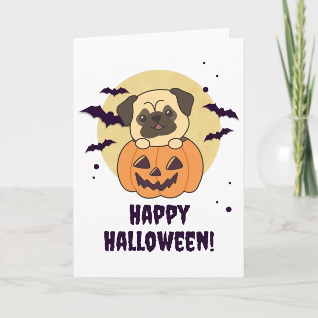 Tarjeta Pug En Calabaza Dulces Perros Feliz Halloween (Anverso)