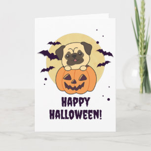 Tarjeta Pug En Calabaza Dulces Perros Feliz Halloween