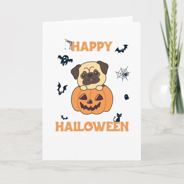 Tarjeta Pug En Calabaza Dulces Perros Feliz Halloween (Anverso)