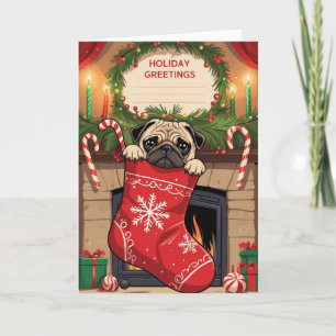 Tarjeta Pug en calcetín de Navidad Arte de dibujos animado