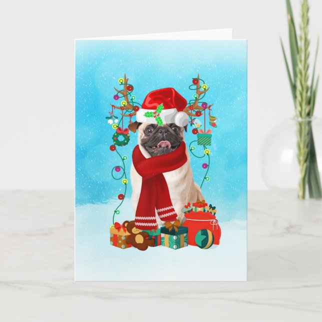 Tarjeta Pug en la nieve con regalos de Navidad  (Anverso)