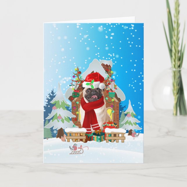 Tarjeta Pug en la nieve con regalos de Navidades (Anverso)