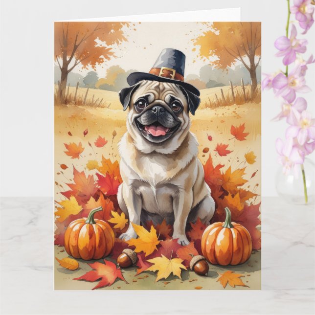 Tarjeta Pug En Otoño Deja El Arte De Acción De Gracias (Orquídea)