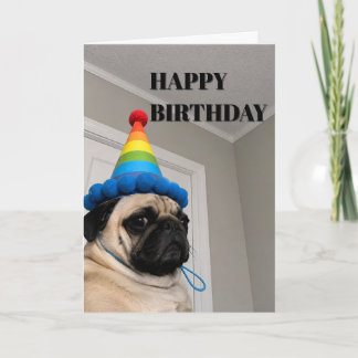 Tarjeta Pug gruñón con sombrero de fiesta de cumpleaños de