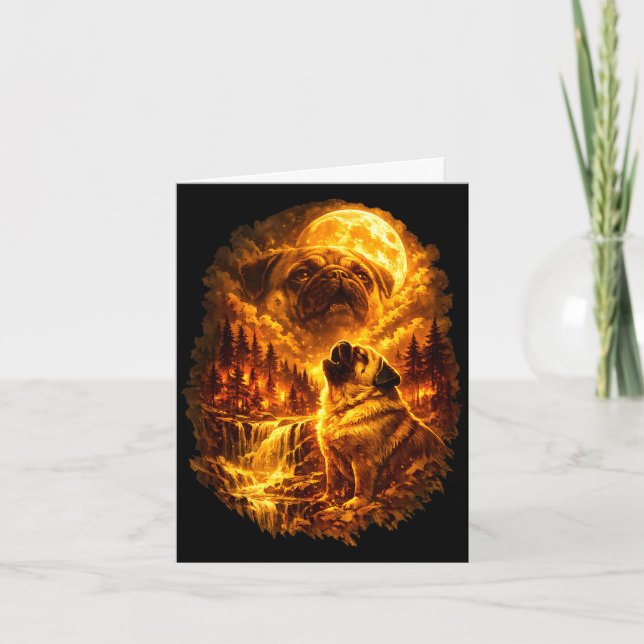 Tarjeta Pug howling at moon dramatic full moon  (Anverso)