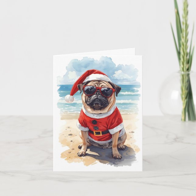 Tarjeta Pug Life, Santa Style - Navidades en la playa (Anverso)