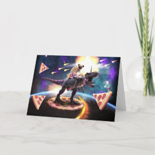 Tarjeta Pug montando dinosaurio unicornio en el espacio