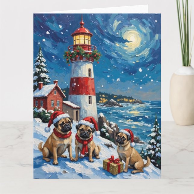 Tarjeta Pug Navidad Faro Fiesta (Anverso)