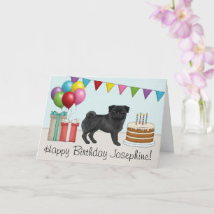 Tarjeta Pug negro adorable perro de dibujos animados color