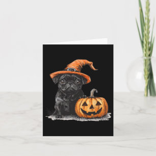 Tarjeta Pug Negro Con Gorra De Brujas Y Calabaza Halloween