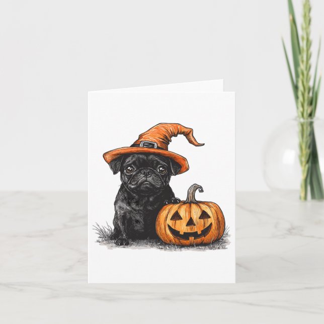 Tarjeta Pug Negro Con Gorra De Brujas Y Calabaza Halloween (Anverso)