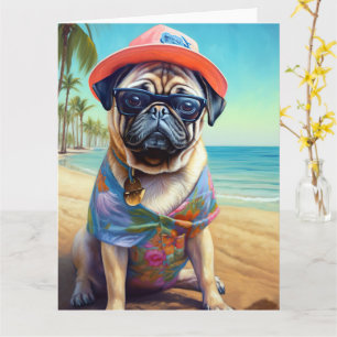 Tarjeta Pug on Beach, regalo de verano para el amante del