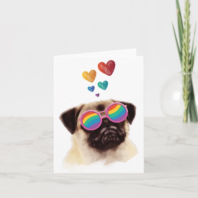 Tarjeta Pug Perro con Corazones Día de San Valentín  (Anverso)